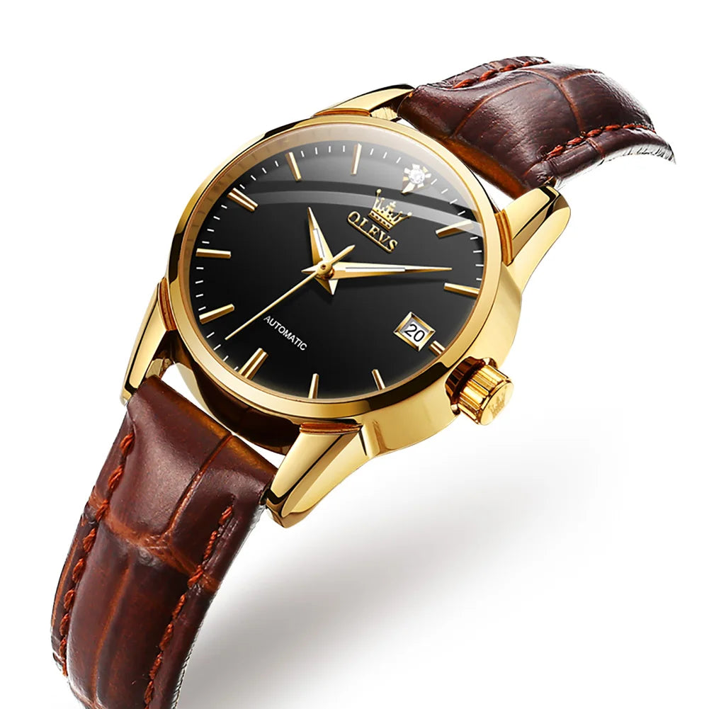 OLEVS Top Luxury Women Wristwatch Automatic Mechanical Waterproof Watch Calendar Brown Leather Watchstrap Lady Watches 2024