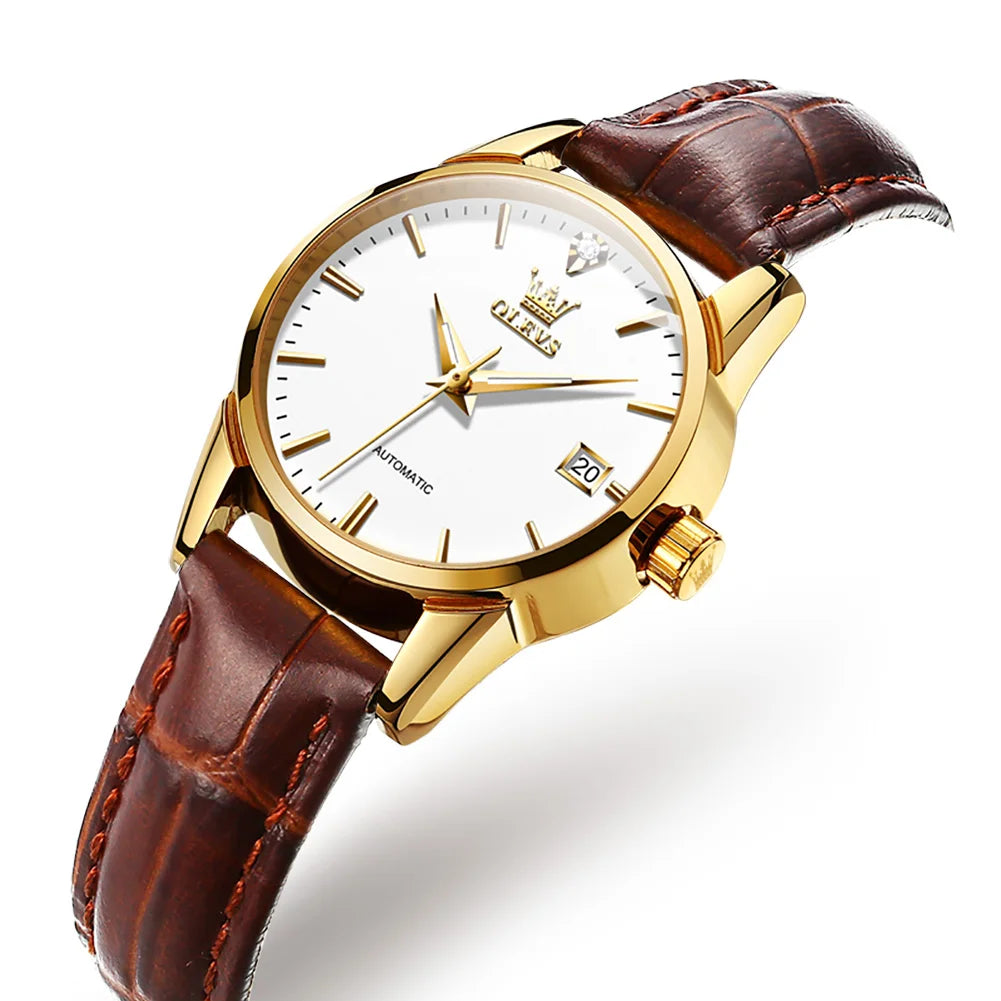 OLEVS Top Luxury Women Wristwatch Automatic Mechanical Waterproof Watch Calendar Brown Leather Watchstrap Lady Watches 2024