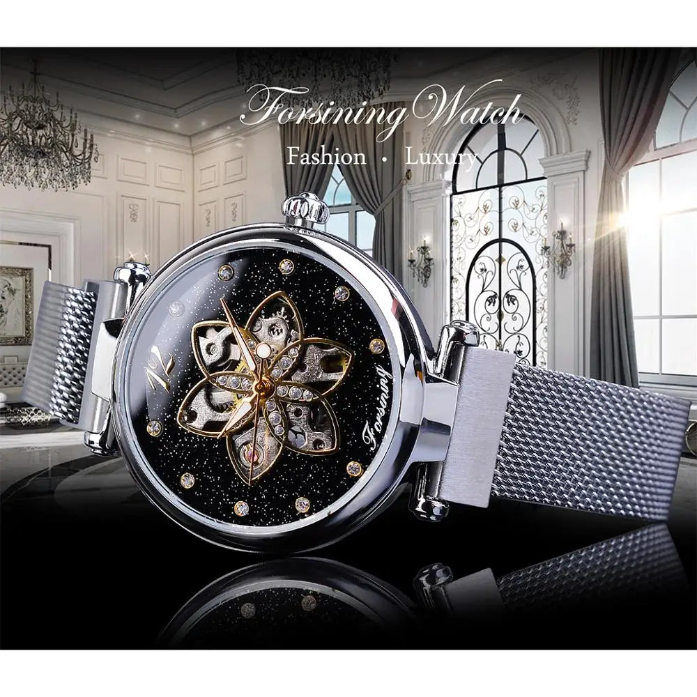 Forsining Top Brand Luxury Diamond Women Watches Mechanical Automatic Female Watches Waterproof 2019 Fashion Mesh Design Clock