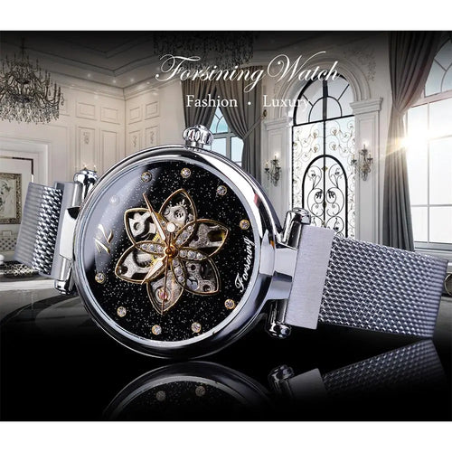 Forsining Top Brand Luxury Diamond Women Watches Mechanical Automatic Female Watches Waterproof 2019 Fashion Mesh Design Clock