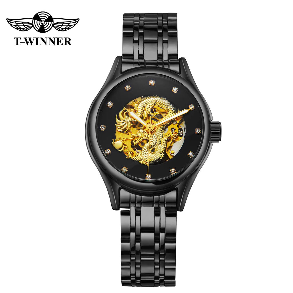 T-WINNER High-end Luxury Dragon Woman Watch Stainless Steel Skeleton Mechanical Diamond Women's Wrist Watches Automatic Movement