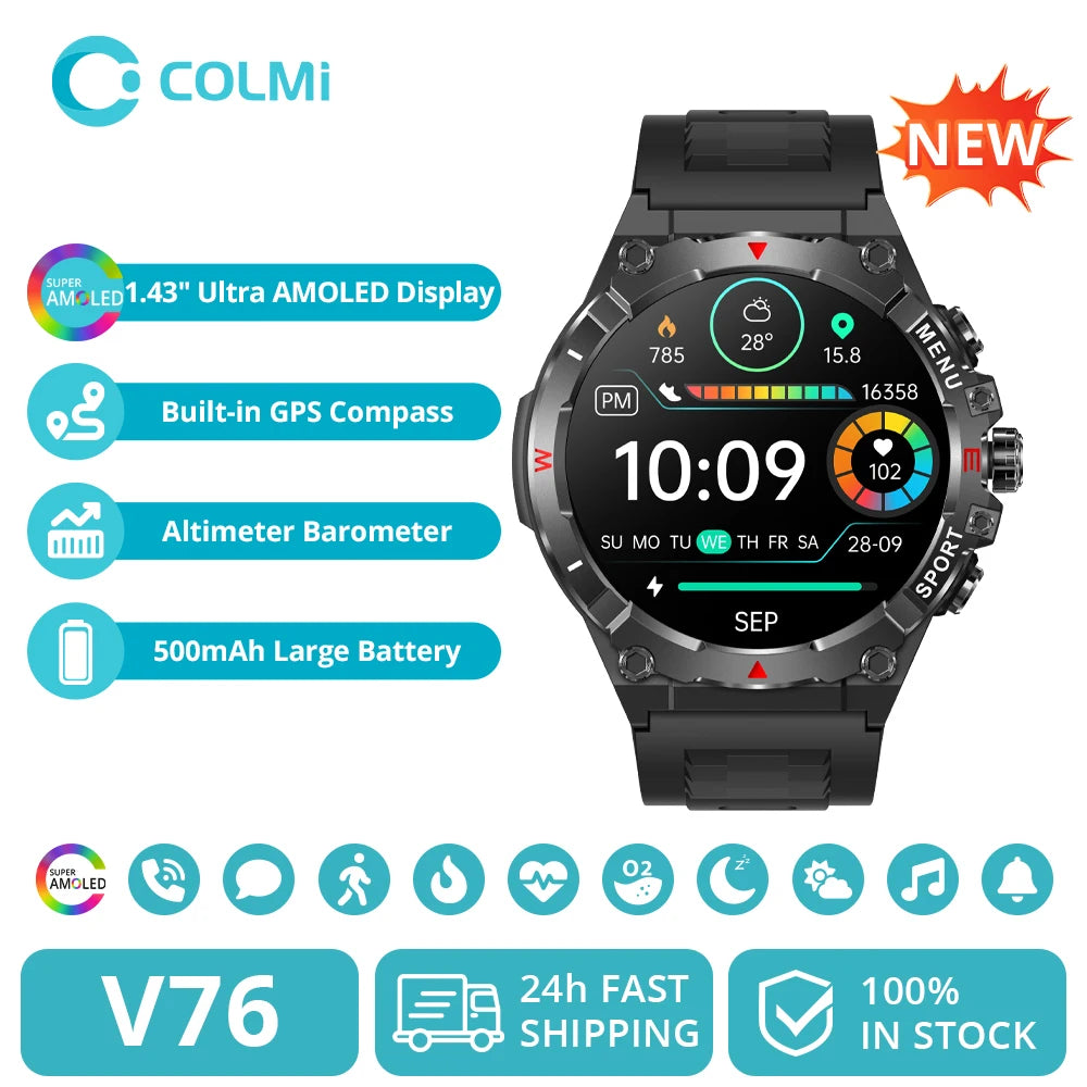 2025 COLMI V76 GPS Smartwatch 1.43" Ultra AMOLED Display Built-in Compass Altimeter Bluetooth Call Smart Watch 500mAh Battery