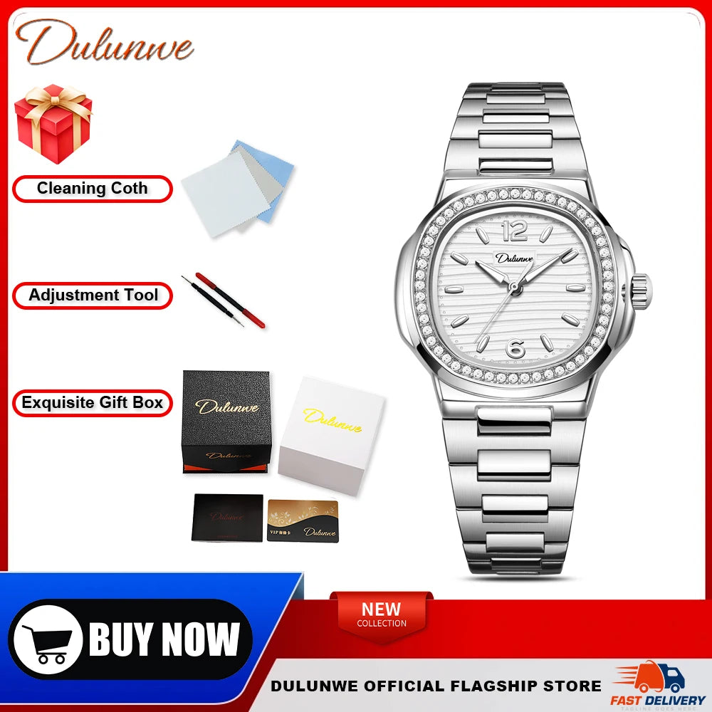 Nautilus Ladies' Mechanical Watch with Steel Strap, High-Quality Luxury, Dulunwe Diamond-Set Wristwatch, a Gift for Women