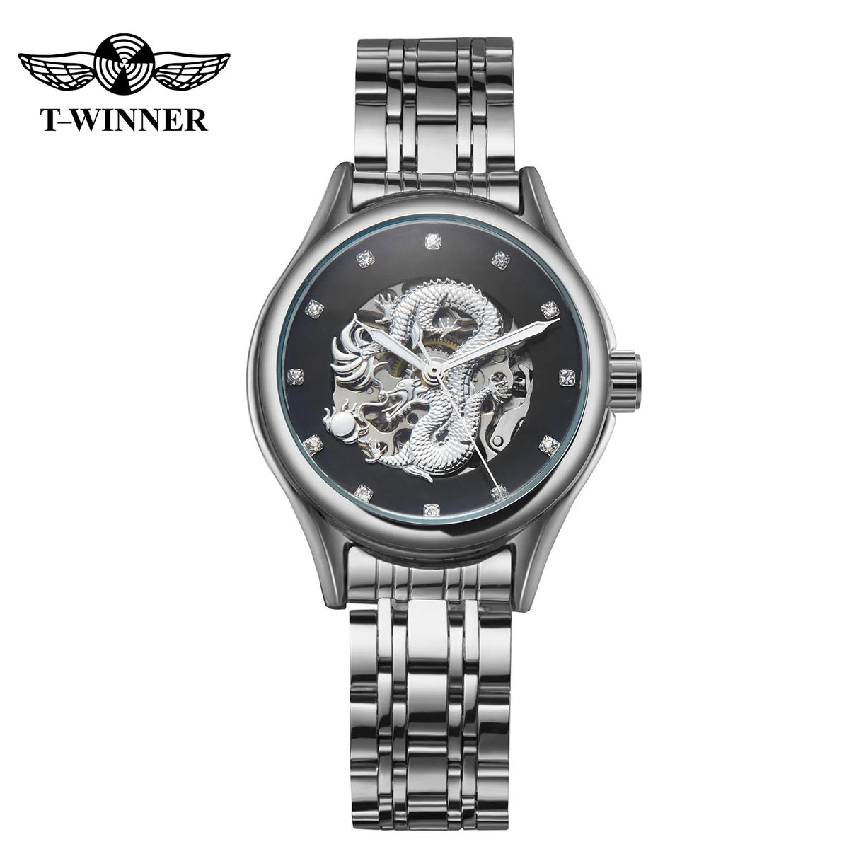 T-WINNER High-end Luxury Dragon Woman Watch Stainless Steel Skeleton Mechanical Diamond Women's Wrist Watches Automatic Movement