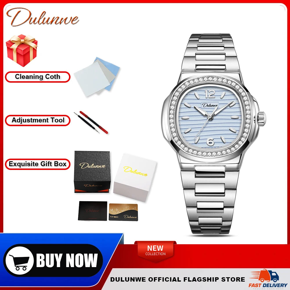 Nautilus Ladies' Mechanical Watch with Steel Strap, High-Quality Luxury, Dulunwe Diamond-Set Wristwatch, a Gift for Women