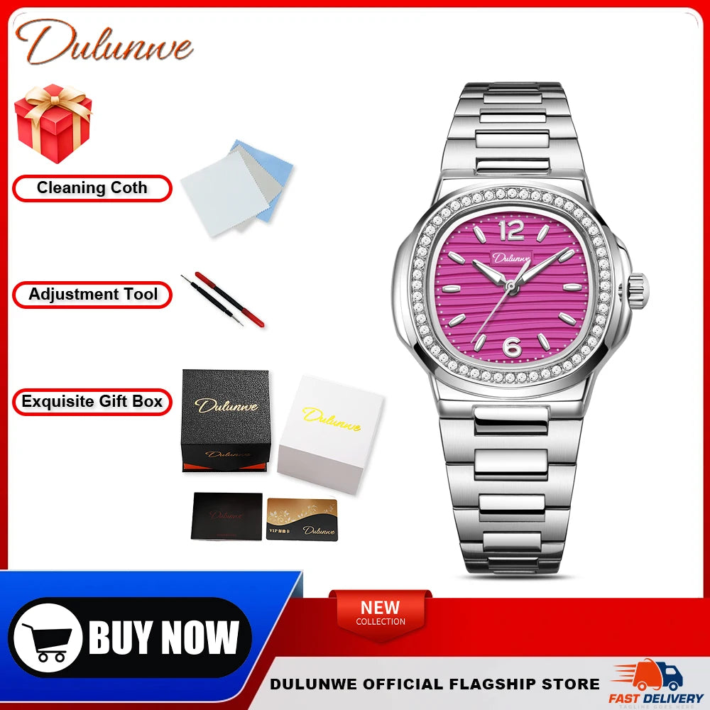 Nautilus Ladies' Mechanical Watch with Steel Strap, High-Quality Luxury, Dulunwe Diamond-Set Wristwatch, a Gift for Women