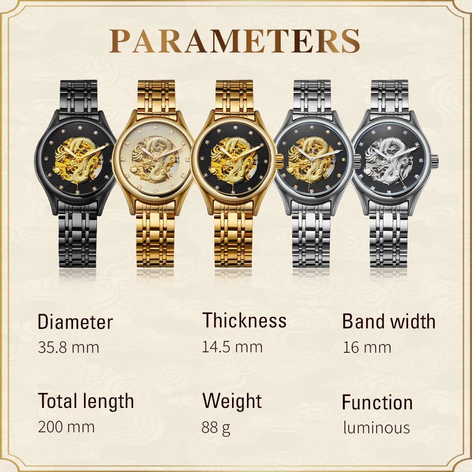 T-WINNER High-end Luxury Dragon Woman Watch Stainless Steel Skeleton Mechanical Diamond Women's Wrist Watches Automatic Movement