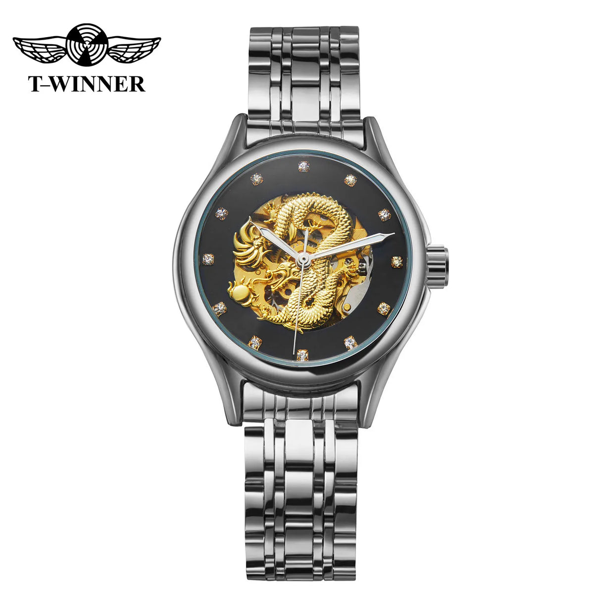T-WINNER High-end Luxury Dragon Woman Watch Stainless Steel Skeleton Mechanical Diamond Women's Wrist Watches Automatic Movement