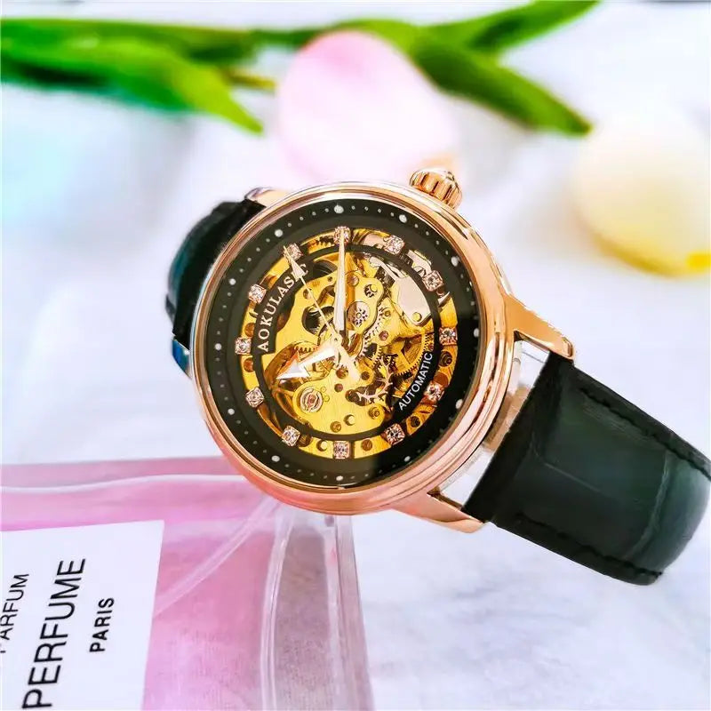 Aogulas Genuine Hollow-Out Diamond-Encrusted Fully Automatic Mechanical Watch for Women, Fashionable and Simple, Luminous Waterproof Watch for Female Students, Trendy, the Best Gift for Her, No Battery Needed