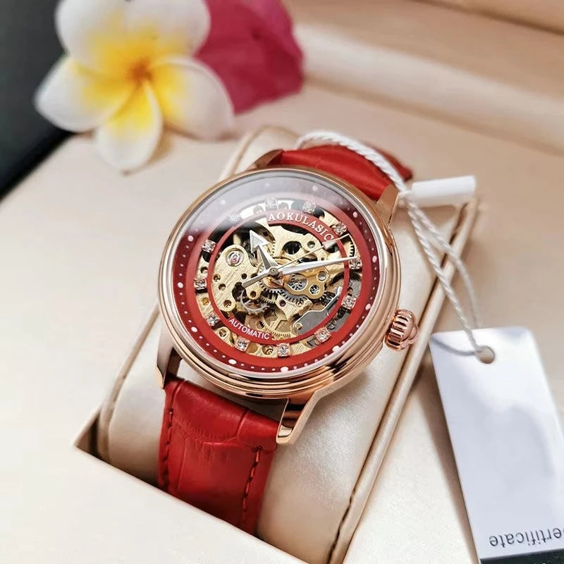 Aogulas Genuine Hollow-Out Diamond-Encrusted Fully Automatic Mechanical Watch for Women, Fashionable and Simple, Luminous Waterproof Watch for Female Students, Trendy, the Best Gift for Her, No Battery Needed