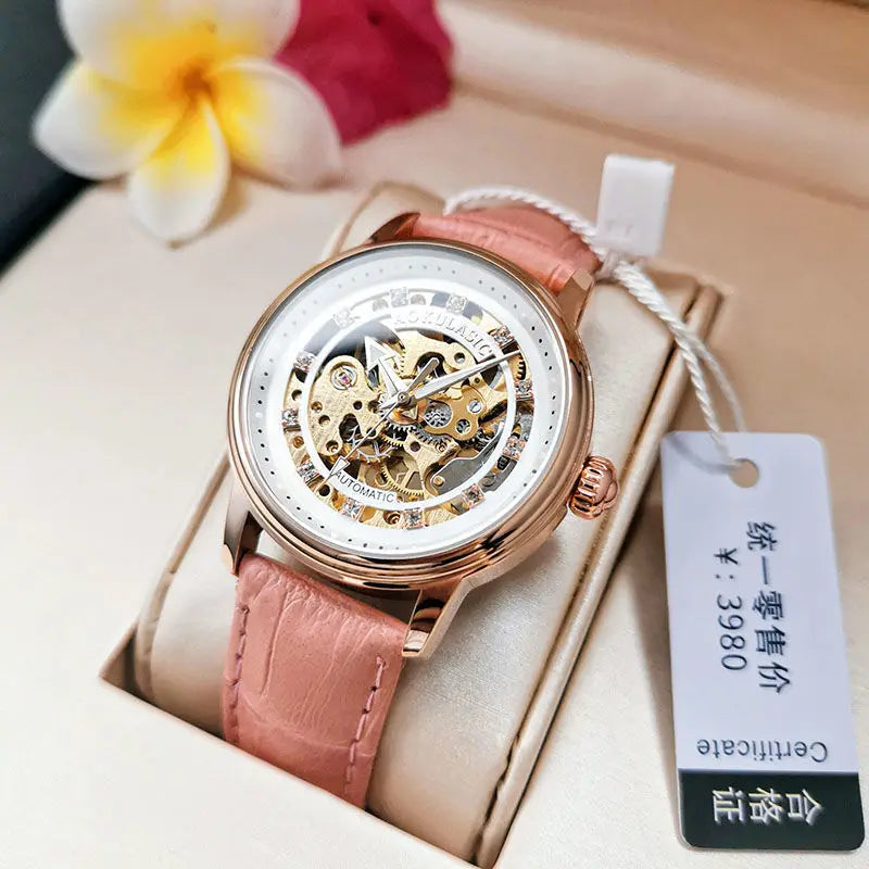Aogulas Genuine Hollow-Out Diamond-Encrusted Fully Automatic Mechanical Watch for Women, Fashionable and Simple, Luminous Waterproof Watch for Female Students, Trendy, the Best Gift for Her, No Battery Needed
