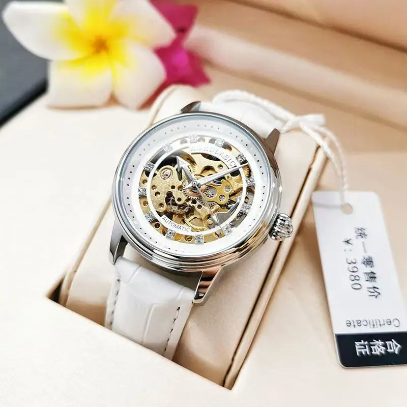 Aogulas Genuine Hollow-Out Diamond-Encrusted Fully Automatic Mechanical Watch for Women, Fashionable and Simple, Luminous Waterproof Watch for Female Students, Trendy, the Best Gift for Her, No Battery Needed