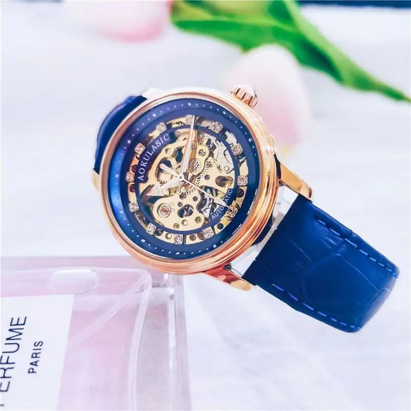 Aogulas Genuine Hollow-Out Diamond-Encrusted Fully Automatic Mechanical Watch for Women, Fashionable and Simple, Luminous Waterproof Watch for Female Students, Trendy, the Best Gift for Her, No Battery Needed
