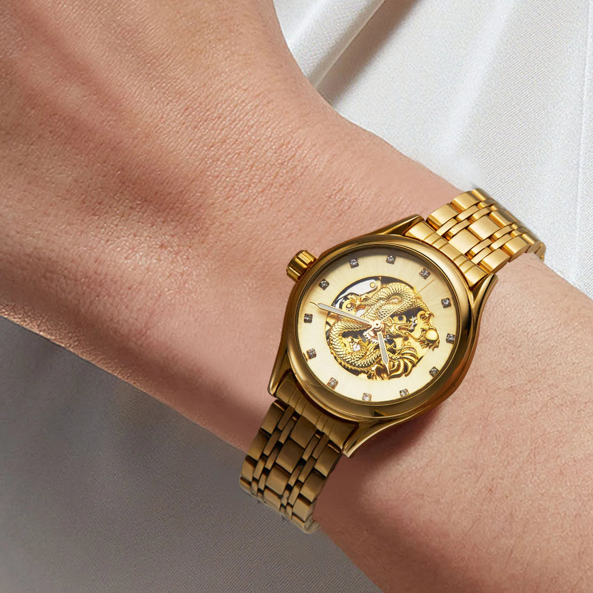 T-WINNER High-end Luxury Dragon Woman Watch Stainless Steel Skeleton Mechanical Diamond Women's Wrist Watches Automatic Movement