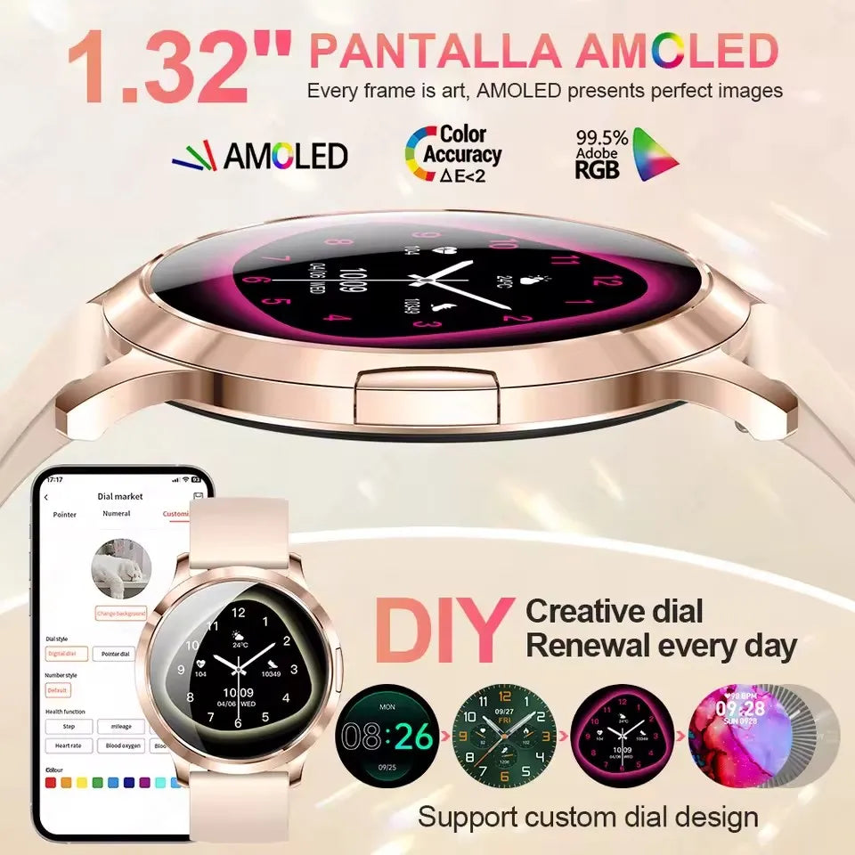 New Smart Watch Women 1.32"Ultra-thin AMOLED HD Screen Sport Fitness Bracelet Custom Watch Face Bluetooth Call Luxury Smartwatch