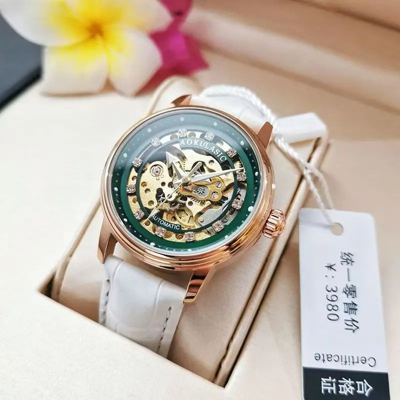 Aogulas Genuine Hollow-Out Diamond-Encrusted Fully Automatic Mechanical Watch for Women, Fashionable and Simple, Luminous Waterproof Watch for Female Students, Trendy, the Best Gift for Her, No Battery Needed