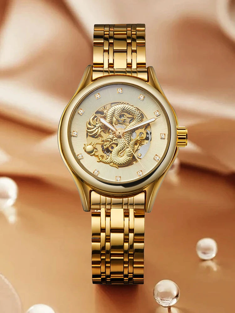 T-WINNER High-end Luxury Dragon Woman Watch Stainless Steel Skeleton Mechanical Diamond Women's Wrist Watches Automatic Movement