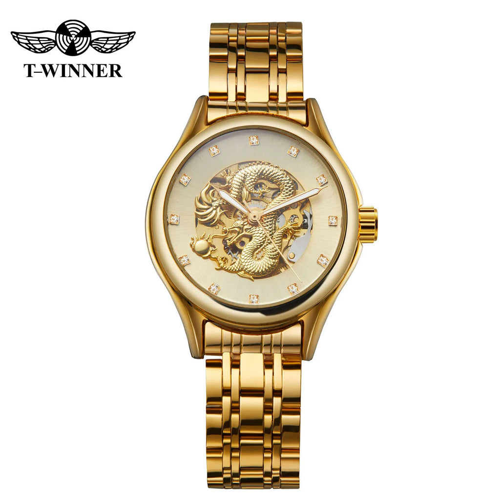 T-WINNER High-end Luxury Dragon Woman Watch Stainless Steel Skeleton Mechanical Diamond Women's Wrist Watches Automatic Movement