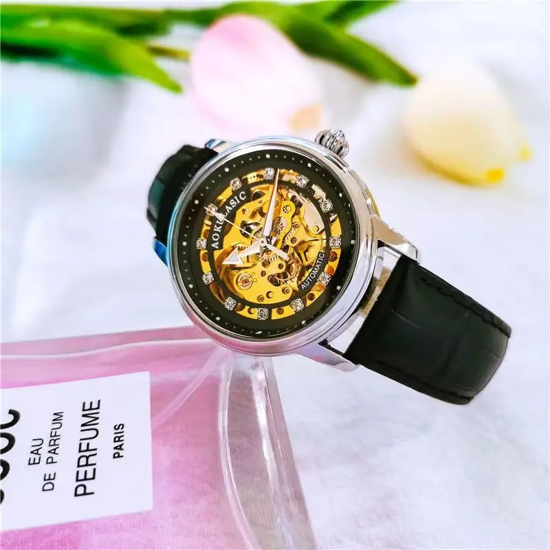 Aogulas Genuine Hollow-Out Diamond-Encrusted Fully Automatic Mechanical Watch for Women, Fashionable and Simple, Luminous Waterproof Watch for Female Students, Trendy, the Best Gift for Her, No Battery Needed